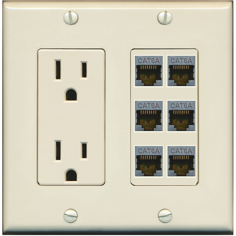 RiteAV - 6 Port Cat6A Ethernet Wall Plate - Outlet [Light-Almond]