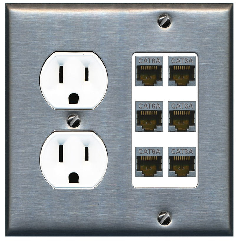 RiteAV - 6 Port Cat6A Ethernet Wall Plate - Round Outlet [Stainless/White]
