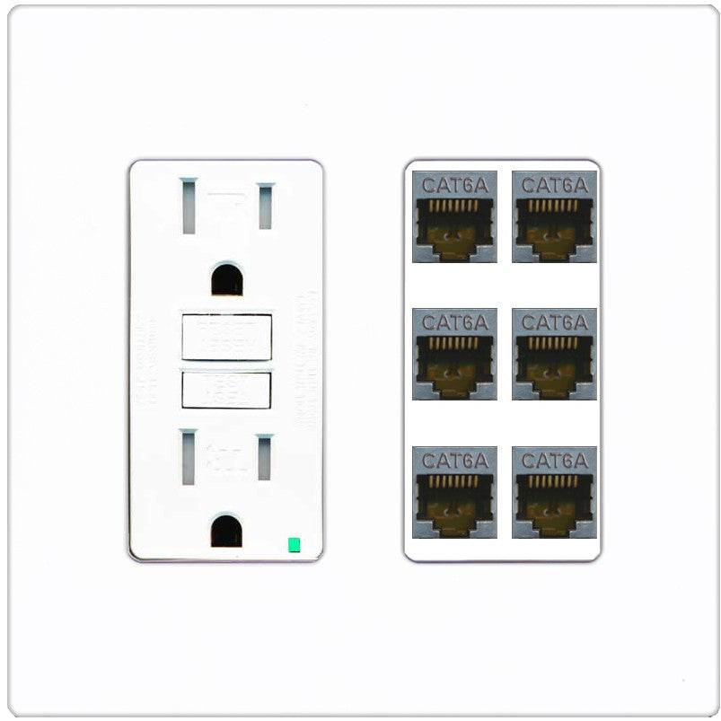 RiteAV - 6 Port Cat6A Ethernet Wall Plate - GFCI Outlet [Screwless White]