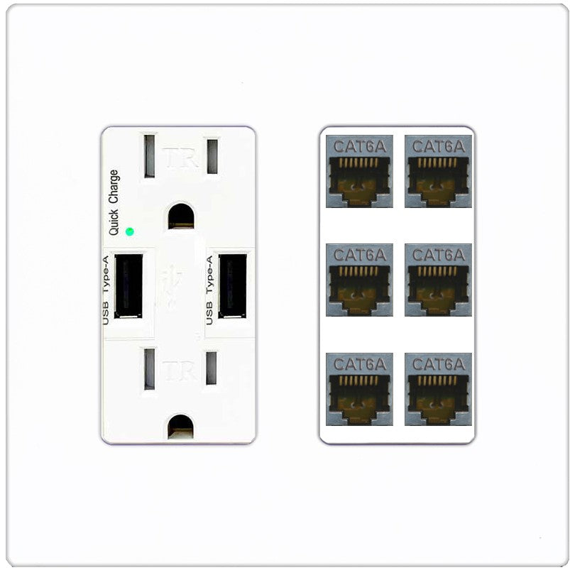 RiteAV - 6 Port Cat6A Ethernet Wall Plate - USB Outlet [Screwless White]