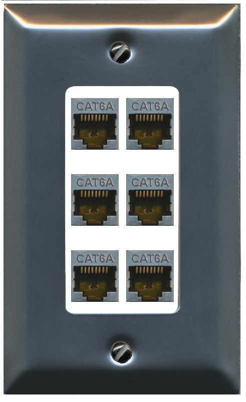 RiteAV - 6 Port Cat6A Ethernet Wall Plate - 1 Gang Decorative [Stainless/White]