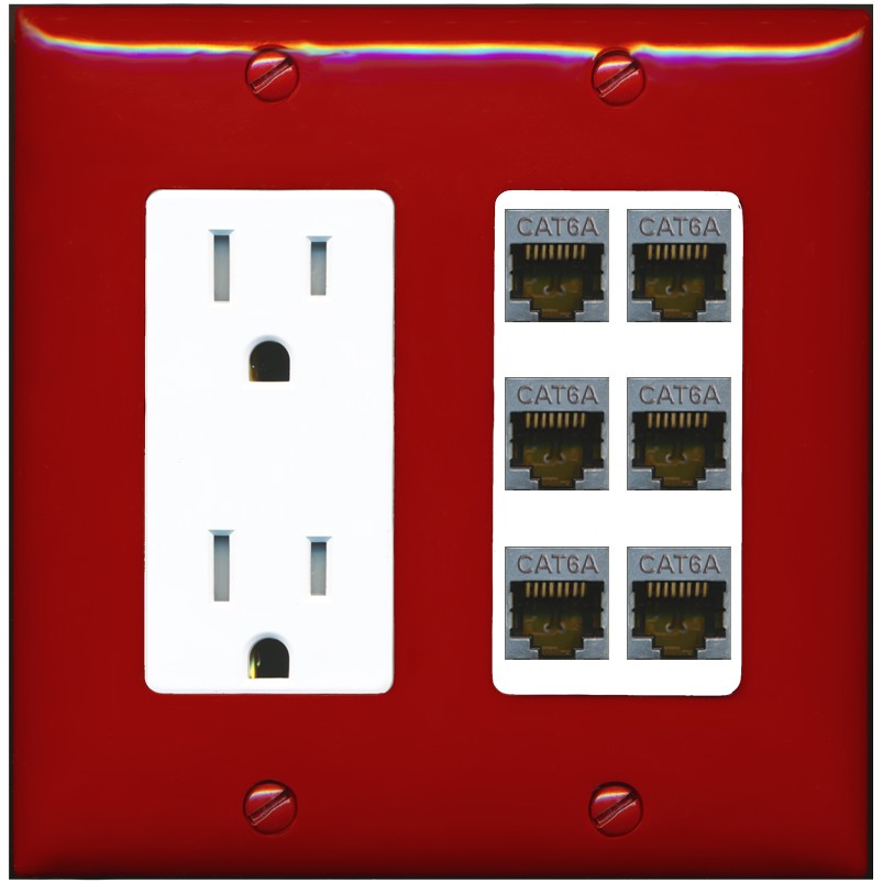 RiteAV - 6 Port Cat6A Ethernet Wall Plate - Tamper-Resistant Outlet [Red/White]