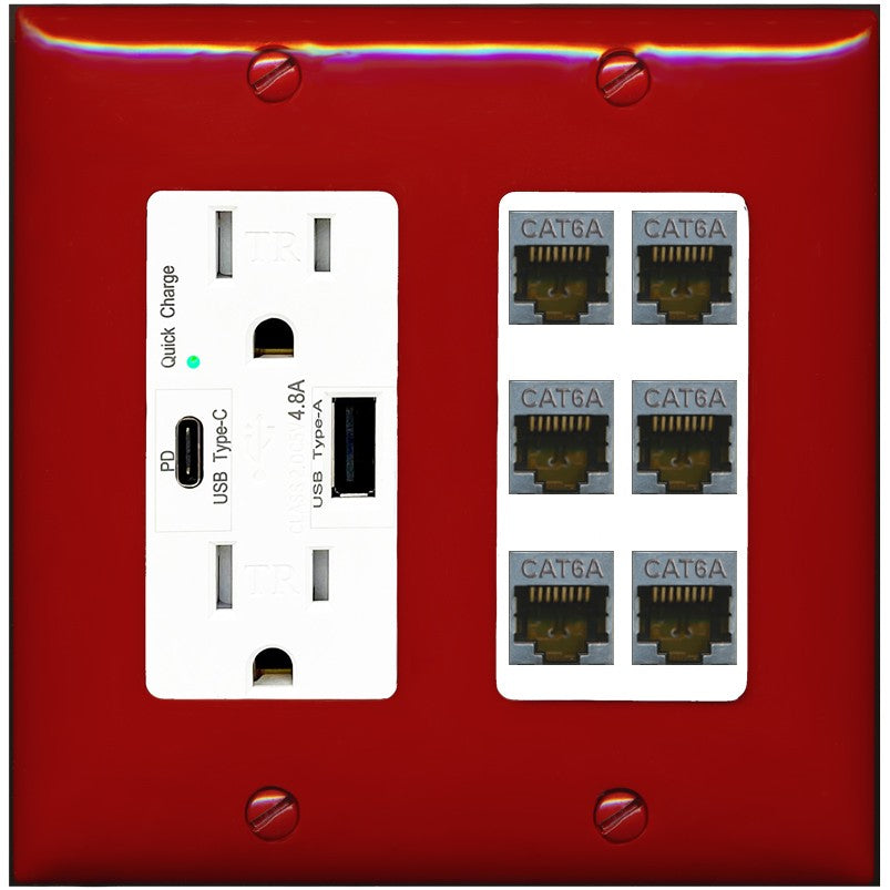 RiteAV - 6 Port Cat6A Ethernet Wall Plate - USB A+C Outlet [Red/White]