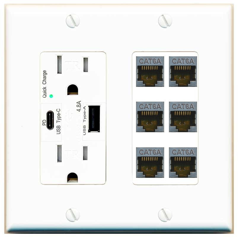 RiteAV - 6 Port Cat6A Ethernet Wall Plate - USB A+C Outlet [White]