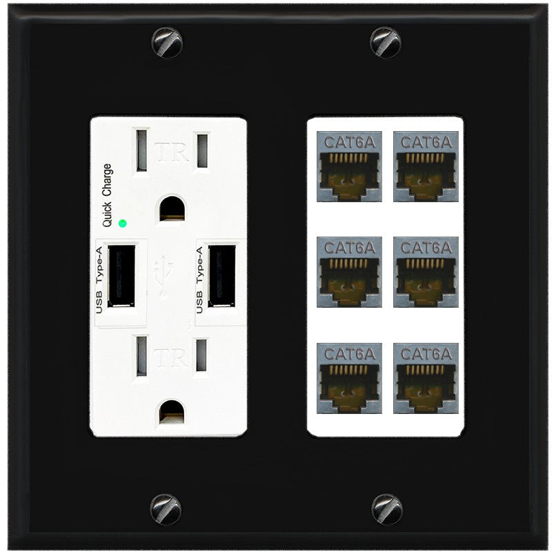 RiteAV - 6 Port Cat6A Ethernet Wall Plate - USB Outlet [Black/White]