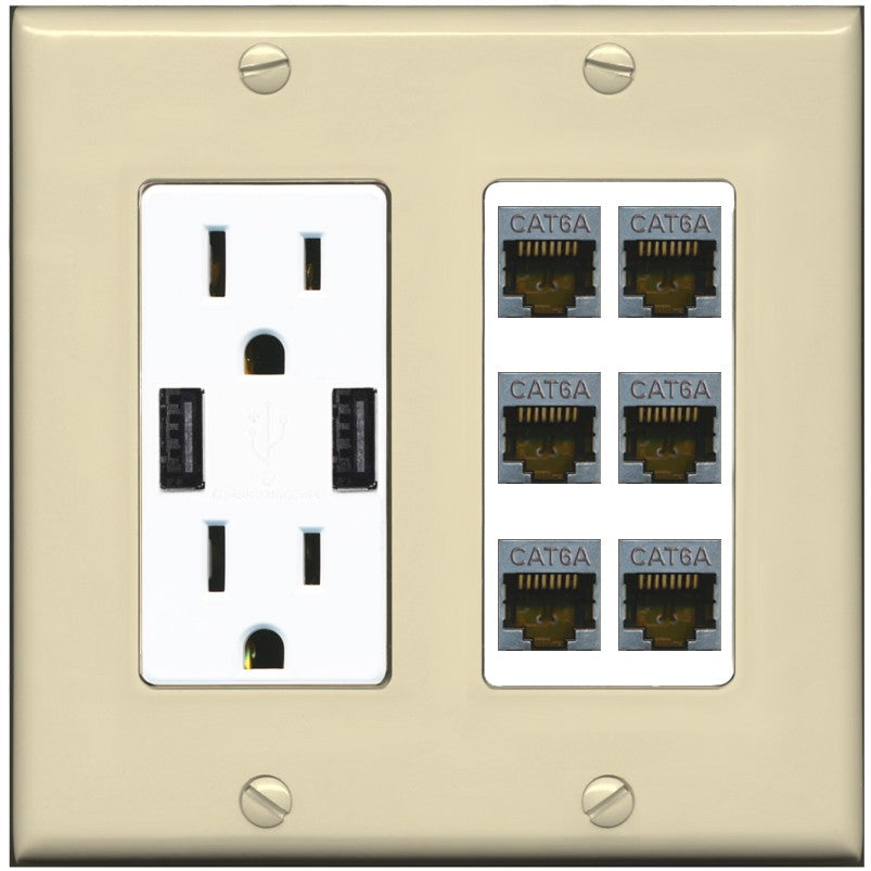 RiteAV - 6 Port Cat6A Ethernet Wall Plate - USB Outlet [Ivory/White]
