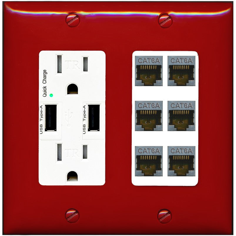 RiteAV - 6 Port Cat6A Ethernet Wall Plate - USB Outlet [Red/White]