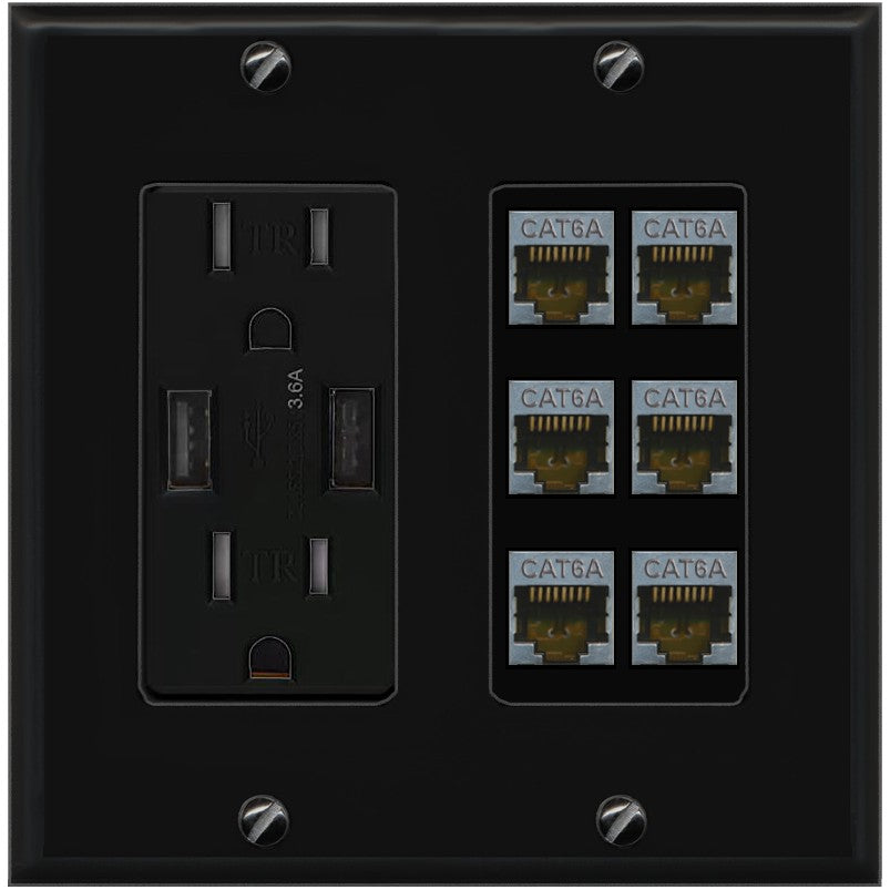 RiteAV - 6 Port Cat6A Ethernet Wall Plate - USB Outlet [Black/Black]