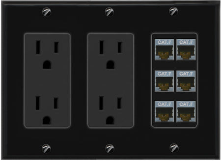 RiteAV 6 Port Cat7 Shielded Ethernet Wall Plate - 3 Gang 2 Outlet [Black/Black]