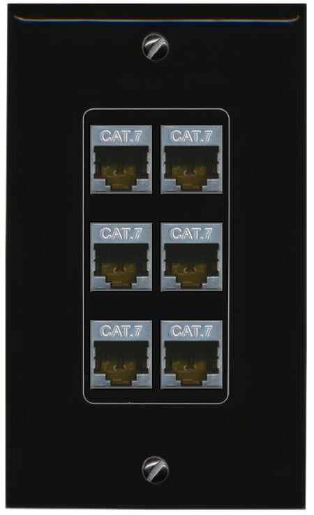 RiteAV 6 Port Cat7 Shielded Ethernet Wall Plate - 1 Gang Decorative [Black/Black]