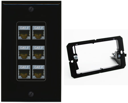 RiteAV 6 Port Cat7 Shielded Ethernet Wall Plate - Bracket [Black/Black]