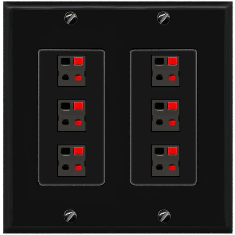 RiteAV 6 Port Speaker Wire Plug Jack Wall Plate - 2 Gang [Black/Black]