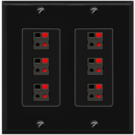 RiteAV 6 Port Speaker Wire Plug Jack Wall Plate - 2 Gang [Black/Black]