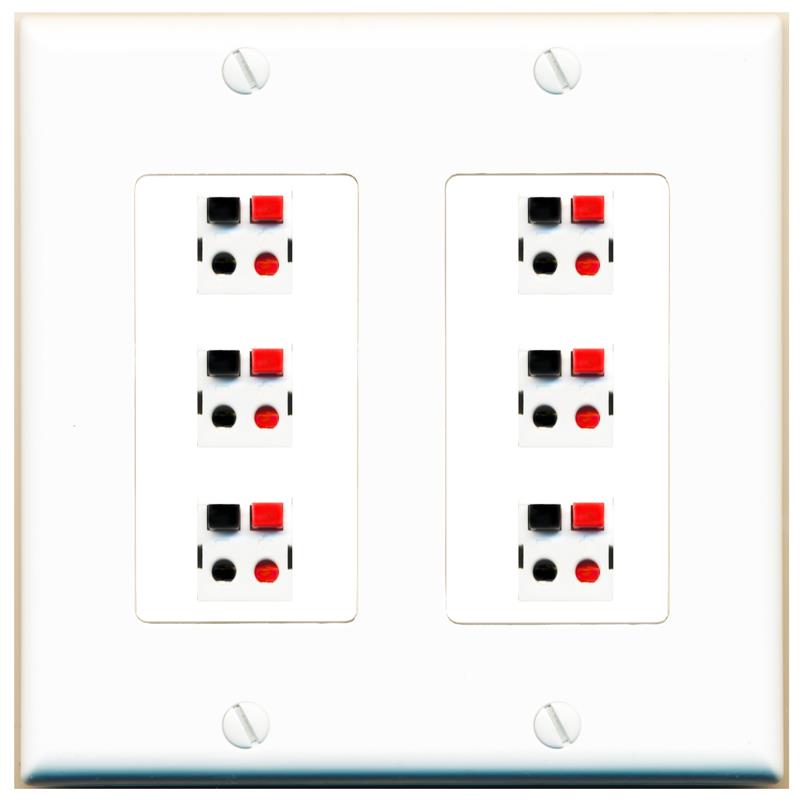 RiteAV 6 Port Speaker Wire Plug Jack Wall Plate - 2 Gang [White]