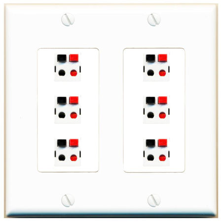 RiteAV 6 Port Speaker Wire Plug Jack Wall Plate - 2 Gang [White]