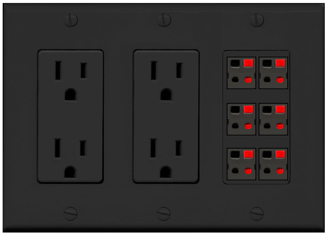RiteAV 6 Port Speaker Wire Plug Jack Wall Plate - 2 Outlet [Black/Black]