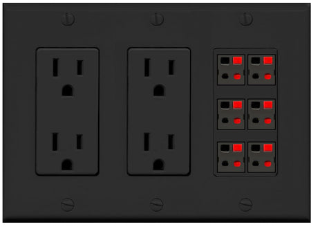 RiteAV 6 Port Speaker Wire Plug Jack Wall Plate - 2 Outlet [Black/Black]