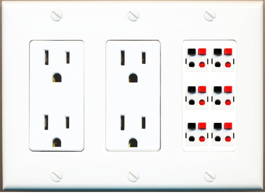 RiteAV 6 Port Speaker Wire Plug Jack Wall Plate - 2 Outlet [White]
