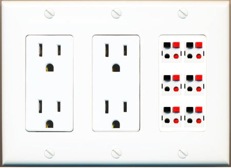 RiteAV 6 Port Speaker Wire Plug Jack Wall Plate - 2 Outlet [White]