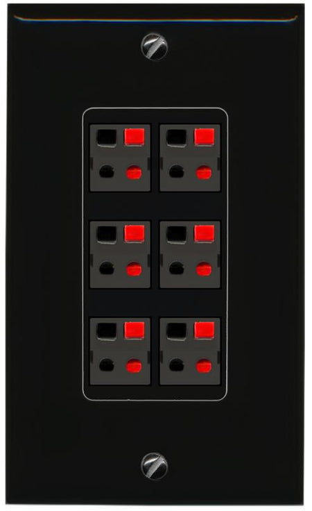 RiteAV 6 Port Speaker Wire Plug Jack Wall Plate - 1 Gang [Black/Black]