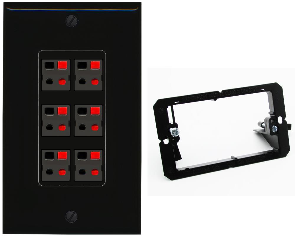 RiteAV 6 Port Speaker Wire Plug Jack Wall Plate - Bracket [Black/Black]