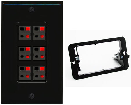RiteAV 6 Port Speaker Wire Plug Jack Wall Plate - Bracket [Black/Black]