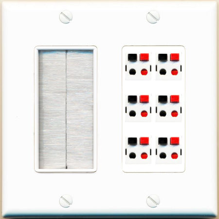 RiteAV 6 Port Speaker Wire Plug Jack Wall Plate - Brush [White]