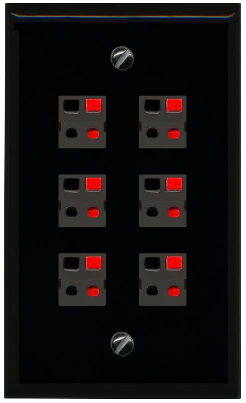RiteAV 6 Port Speaker Wire Plug Jack Wall Plate - Flat [Black/Black]