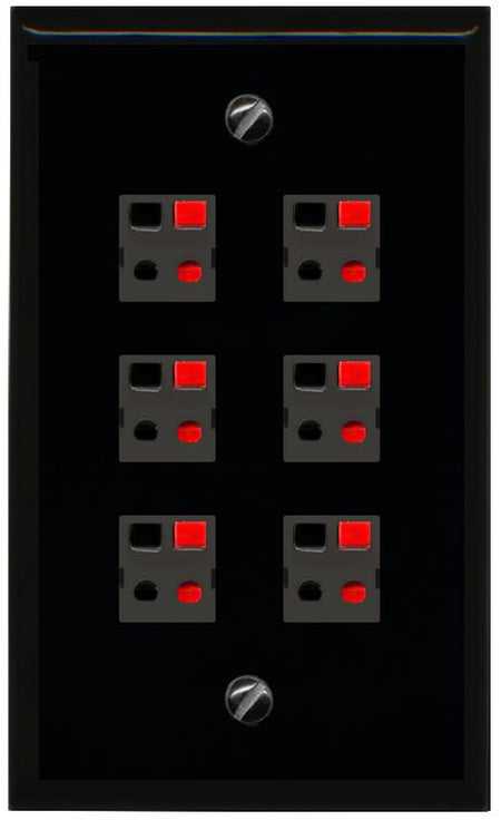RiteAV 6 Port Speaker Wire Plug Jack Wall Plate - Flat [Black/Black]