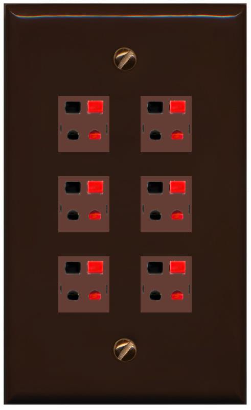 RiteAV 6 Port Speaker Wire Plug Jack Wall Plate - Flat [Brown/Brown]