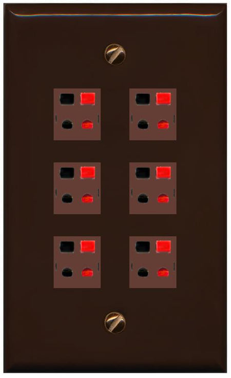 RiteAV 6 Port Speaker Wire Plug Jack Wall Plate - Flat [Brown/Brown]