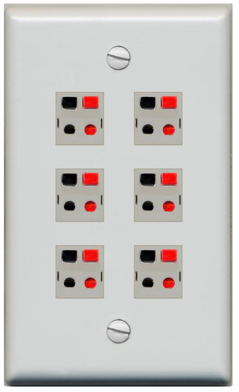 RiteAV 6 Port Speaker Wire Plug Jack Wall Plate - Flat [Gray/Gray]