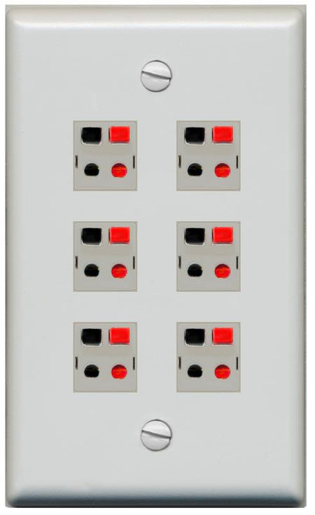 RiteAV 6 Port Speaker Wire Plug Jack Wall Plate - Flat [Gray/Gray]