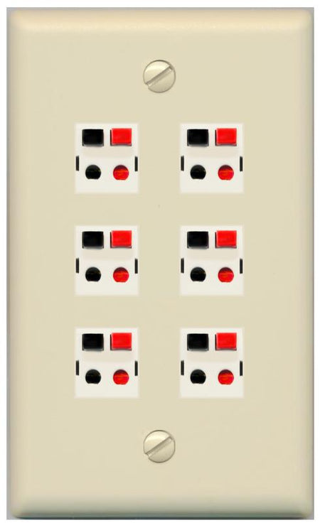 RiteAV 6 Port Speaker Wire Plug Jack Wall Plate - Flat [Ivory/Ivory]