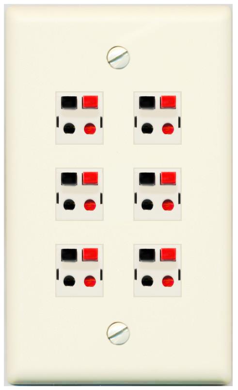 RiteAV 6 Port Speaker Wire Plug Jack Wall Plate - Flat [Light-Almond]