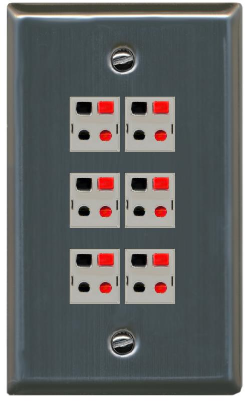 RiteAV 6 Port Speaker Wire Plug Jack Wall Plate - Flat [Stainless Steel]
