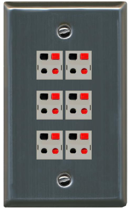RiteAV 6 Port Speaker Wire Plug Jack Wall Plate - Flat [Stainless Steel]