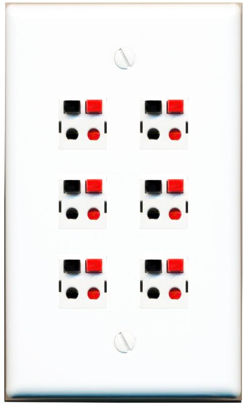 RiteAV 6 Port Speaker Wire Plug Jack Wall Plate - Flat [White]