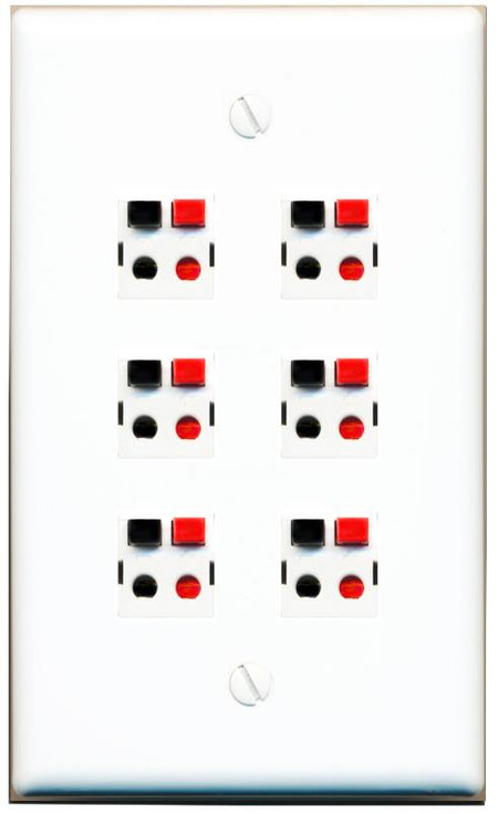 RiteAV 6 Port Speaker Wire Plug Jack Wall Plate - Flat [White]