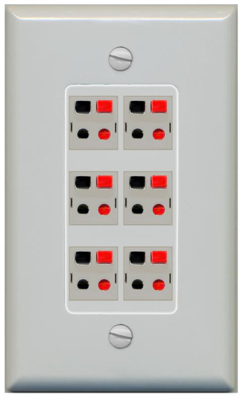 RiteAV 6 Port Speaker Wire Plug Jack Wall Plate - 1 Gang [Gray/Gray]