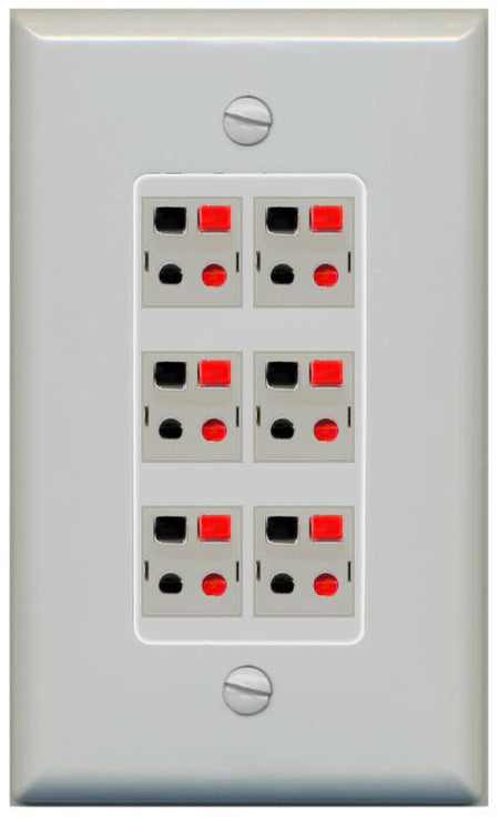 RiteAV 6 Port Speaker Wire Plug Jack Wall Plate - 1 Gang [Gray/Gray]
