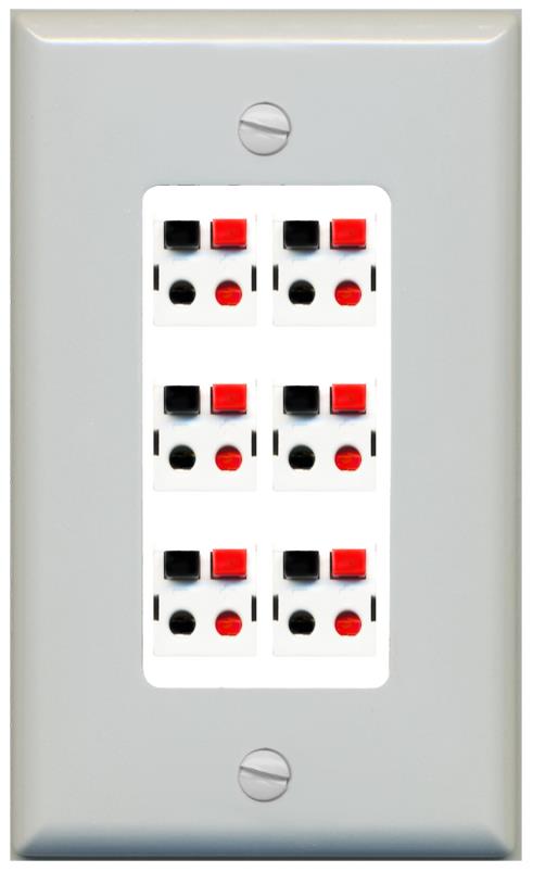 RiteAV 6 Port Speaker Wire Plug Jack Wall Plate - 1 Gang [Gray/White]