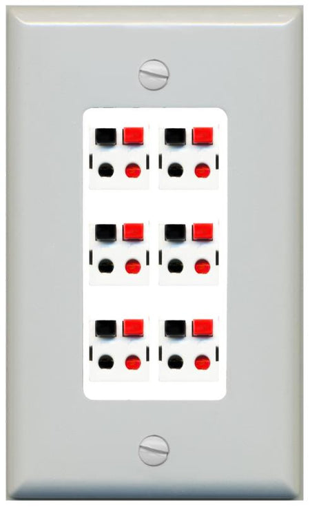 RiteAV 6 Port Speaker Wire Plug Jack Wall Plate - 1 Gang [Gray/White]