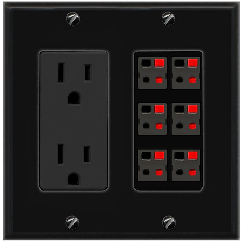 RiteAV 6 Port Speaker Wire Plug Jack Wall Plate - Outlet [Black/Black]