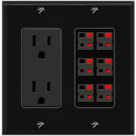 RiteAV 6 Port Speaker Wire Plug Jack Wall Plate - Outlet [Black/Black]