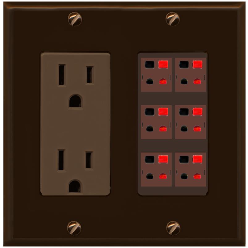 RiteAV 6 Port Speaker Wire Plug Jack Wall Plate - Outlet [Brown/Brown]