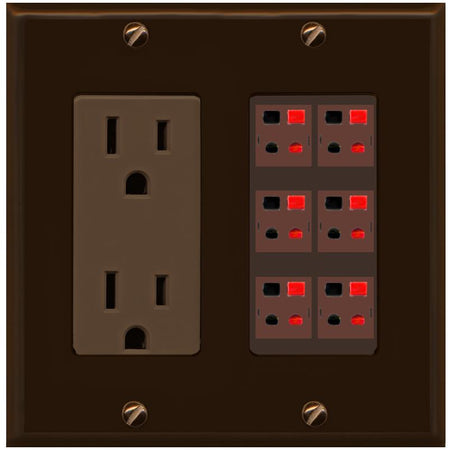 RiteAV 6 Port Speaker Wire Plug Jack Wall Plate - Outlet [Brown/Brown]