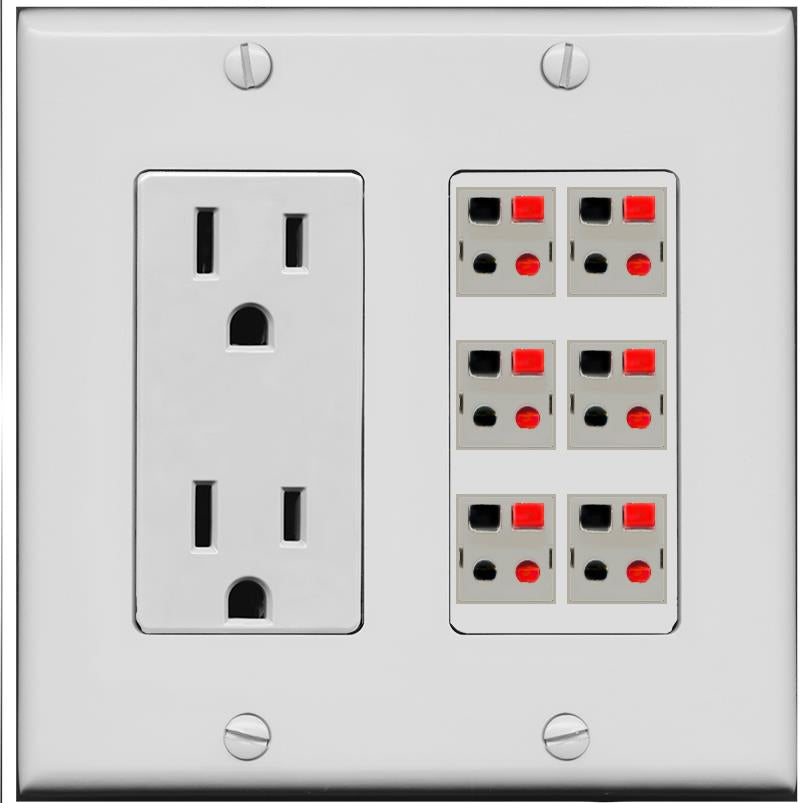 RiteAV 6 Port Speaker Wire Plug Jack Wall Plate - Outlet [Gray/Gray]