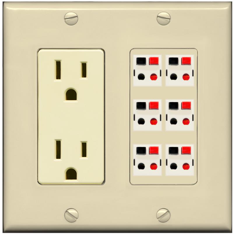 RiteAV 6 Port Speaker Wire Plug Jack Wall Plate - Outlet [Ivory/Ivory]