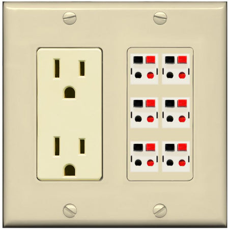 RiteAV 6 Port Speaker Wire Plug Jack Wall Plate - Outlet [Ivory/Ivory]